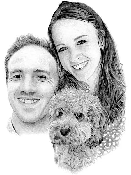 Pencil drawing of a smiling couple with their curly-haired dog, showing warmth, lifelike detail, and a strong sense of companionship.