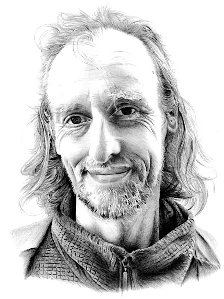 Pencil portrait of a man with long hair, beard, and kind smile, drawn with expressive detail and a warm, lifelike presence.