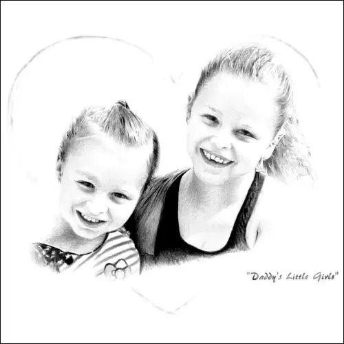 Drawings of Girls - Pencil portrait of two smiling sisters framed by a heart outline, capturing their joyful bond with fine detail and warmth.