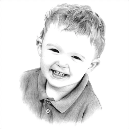 Drawings of Boys - Delightful pencil portrait of a smiling toddler with curly hair in a collared shirt, full of warmth and realistic detail.