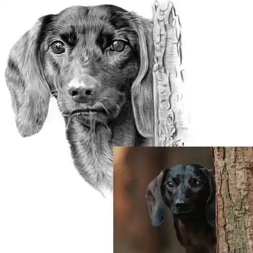 How it Works - Side-by-side comparison of a pencil portrait of a dog behind a tree and the original colour photograph it was based on.