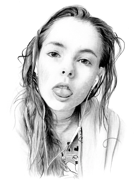 Expressive pencil portrait of a girl with tousled hair and earphones, playfully sticking out her tongue in a lively, modern style.