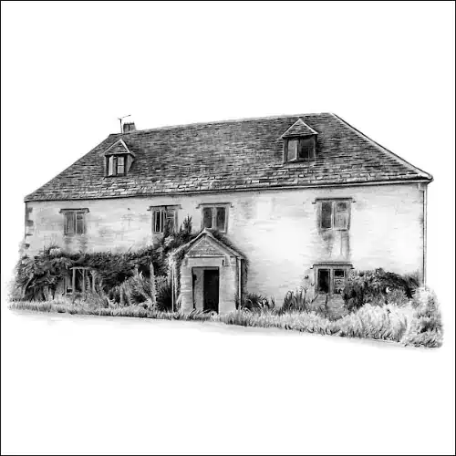 Drawings of Buildings - Pencil drawing of an old English stone house with dormer windows, gabled porch, and mature garden shrubs across the façade.