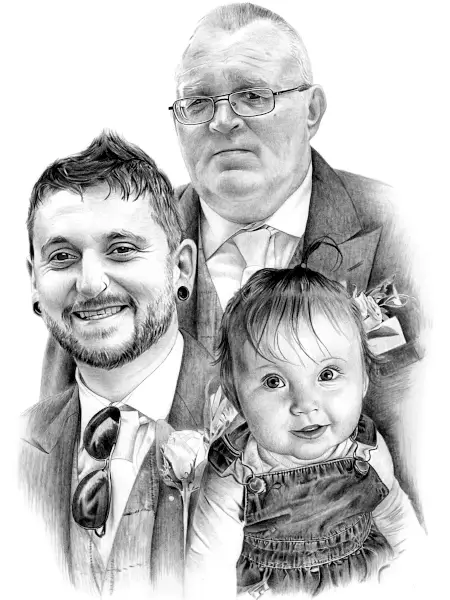 Detailed pencil portrait of three family generations, grandfather, father, and smiling child, capturing warmth and connection.