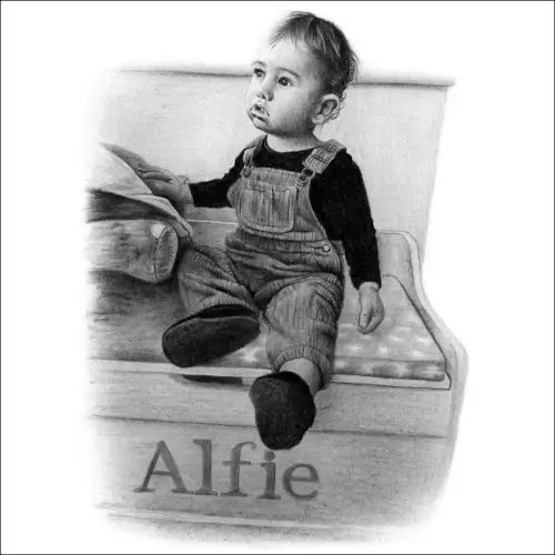 Drawings of Babies - Detailed pencil portrait of a baby boy named Alfie seated on a bench, dressed in dungarees, gazing off with a thoughtful expression.