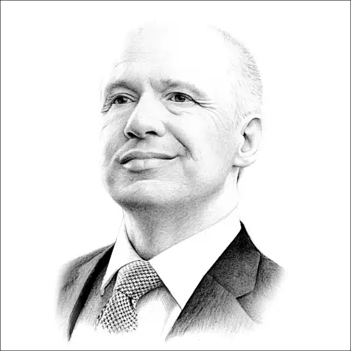 Drawings of Men - Pencil portrait of a confident, clean-shaven man in a suit and tie, looking upward with a calm, composed, and professional presence.