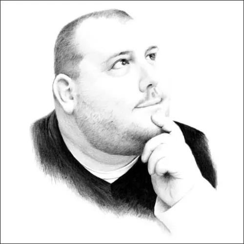 Drawing of a man, captured in a thoughtful pose