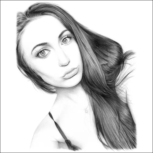 Head and Shoulders Pencil Portrait of a Young Woman with Long Hair Pouting
