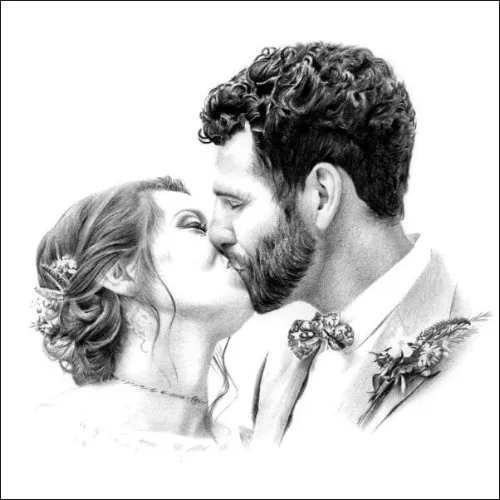 Drawings of Couples - Romantic pencil portrait of a bride and groom kissing, capturing love and joy with fine detail and soft, wedding-day elegance.