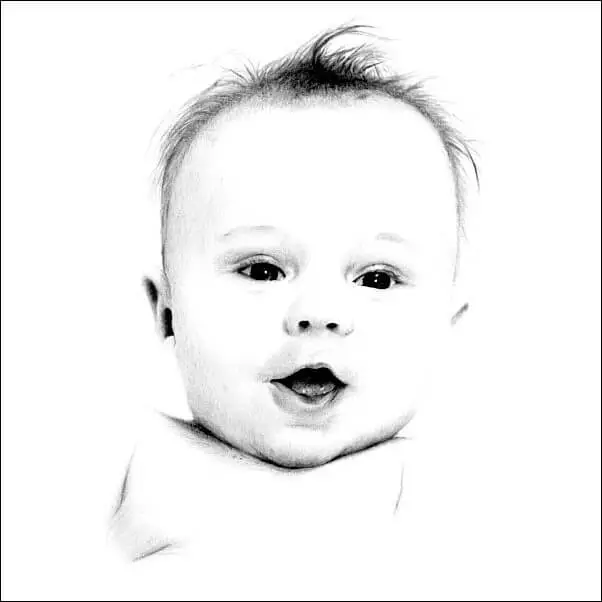 Drawings of Babies Pencil portrait of a smiling baby with soft wispy hair and expressive eyes, drawn in gentle shading against a clean white background.