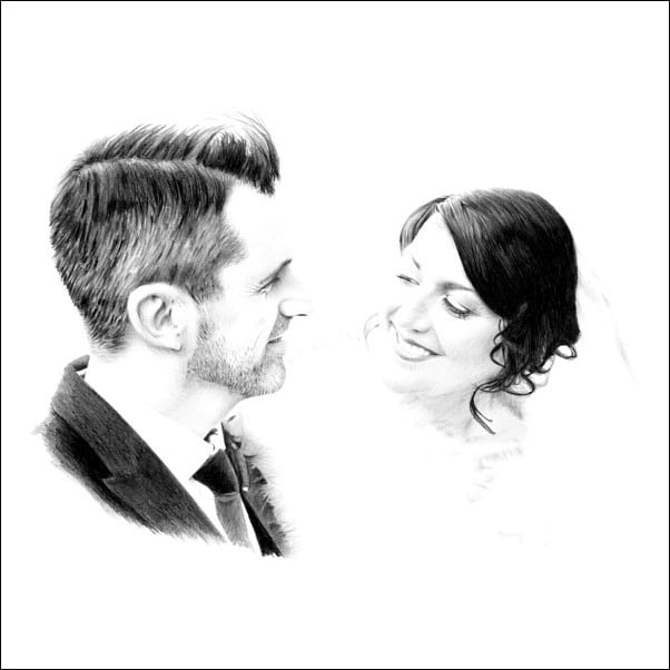 Wedding Pencil Portraits Pencil wedding portrait of bride and groom facing each other, sharing a soft smile, drawn with delicate shading on white.