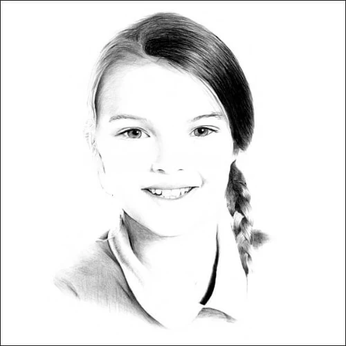 Drawings of Children: Realistic pencil portrait of a smiling girl with a side braid, softly shaded to capture bright eyes, gentle features, and natural expression.