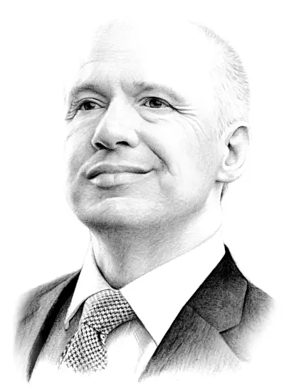 Pencil portrait of a confident, clean-shaven man in a suit and tie, looking upward with a calm, composed, and professional presence.