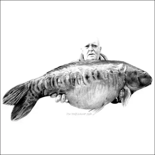 Pencil Portrait of an Angler Holding a Large Mirror Carp Pencil portrait of an angler holding a large mirror carp, detailed scales and shading, fish shown horizontally on plain background.