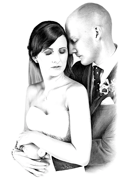 Pencil wedding portrait of bride and groom embracing, showing delicate dress detail, soft shading, and a romantic connection.