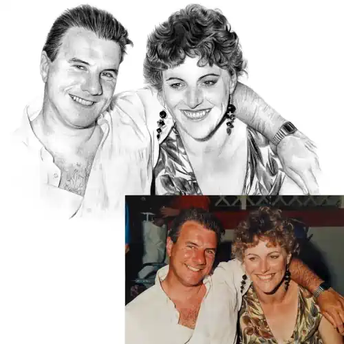 How it works - Side-by-side comparison of a pencil drawing of a couple and the original colour photograph it was based on.