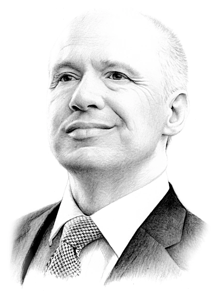 Pencil portrait of a confident, clean-shaven man in a suit and tie, looking upward with a calm, composed, and professional presence.