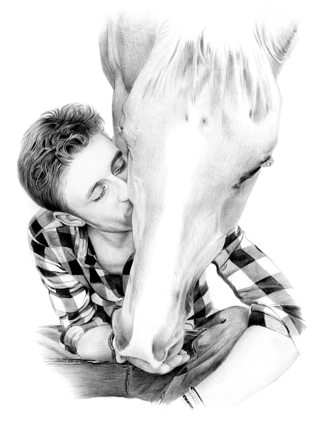 Pencil portrait of a man kissing his horse’s face, hands gently holding the muzzle, showing trust, affection, and quiet connection.