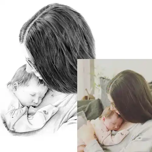 Beautiful intimate pencil portrait drawing of a mother tenderly holding her sleeping baby, presented alongside the original colour photograph it was based on.