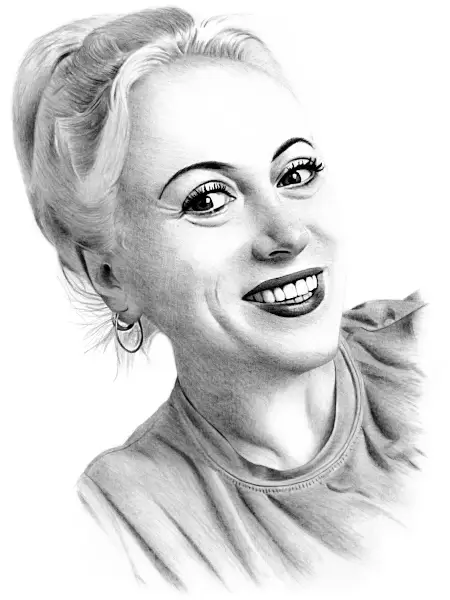 Pencil portrait of a smiling woman with hoop earrings, styled hair, and expressive eyes, drawn with soft, detailed shading.