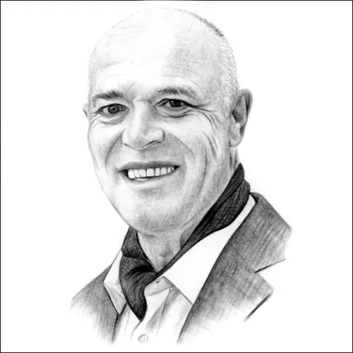 Pencil Portrait of a Mature Gentleman Pencil portrait of a smiling bald man wearing a jacket and neck scarf, finely shaded to show lifelike features and expression.