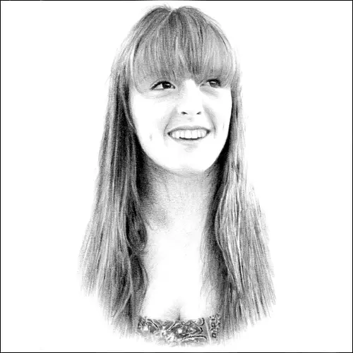 Pencil Portrait of a Smiling Young Woman Pencil portrait of a smiling young woman with long hair and fringe, looking slightly upward, softly shaded with natural detail.