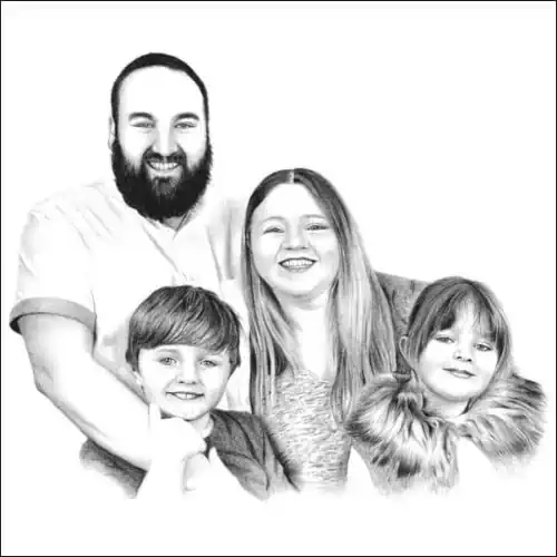 Pencil portrait of a family including father, mother and children 