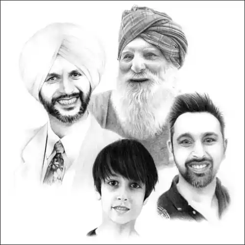 Pencil Portrait of Four Male Family Members from Different Generations Pencil family portrait of four relatives in a composite layout, each finely shaded to show distinct features and expressions.