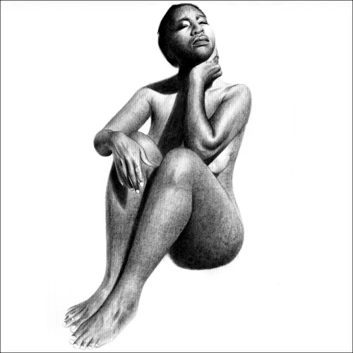 Realistic pencil drawing of a seated female figure in a reflective pose, rendered with detailed shading and careful study of form.