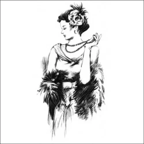 Pencil drawing of an elegant woman in vintage dress with feathered stole and floral hair accessory, posed in a graceful profile.