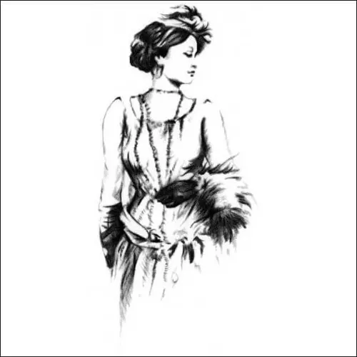 Pencil drawing of an elegant woman in 1930s-style dress with feathered accessory, posed gracefully in a vintage-inspired portrait.