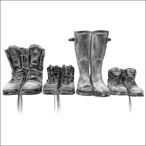 Realistic pencil drawing of four pairs of worn boots in different sizes lined on a shelf, showing detailed texture and shading.