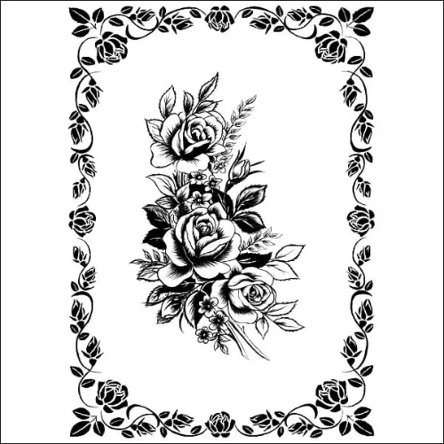 Pencil drawing of a detailed floral bouquet framed by an ornate border of roses and leaves in a balanced decorative design.