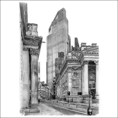 Drawing of The City of London, specifically The Royal Exchange, 22 Bishops Gate (centre) and Cornhill or Threadneedle Street