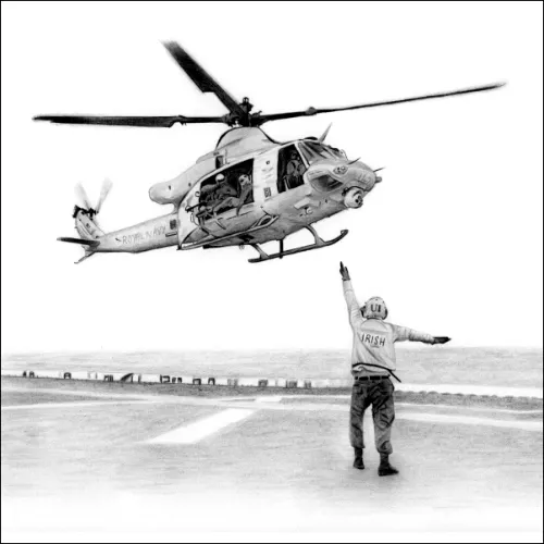 Pencil drawing of a rescue helicopter hovering while a ground crew member signals below, capturing action and teamwork in detail.