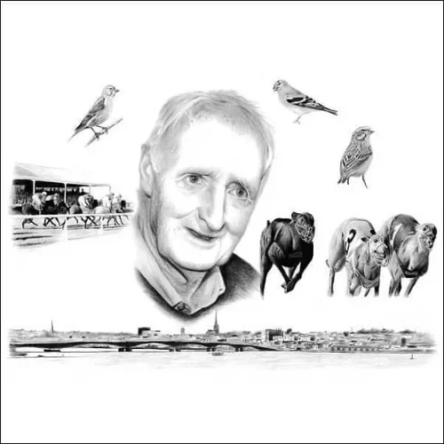 Pencil collage portrait of a man surrounded by birds, racehorses, a grandstand and a panoramic cityscape, symbolising interests.