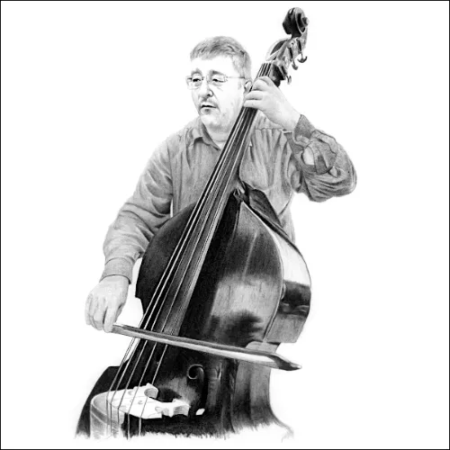 Realistic pencil portrait of a musician playing a double bass, bow in hand, captured with careful shading and lifelike detail.