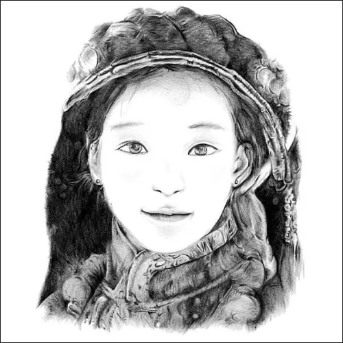 Pencil portrait of a young girl wearing an ornate headdress and traditional clothing, drawn with soft shading and fine detail.
