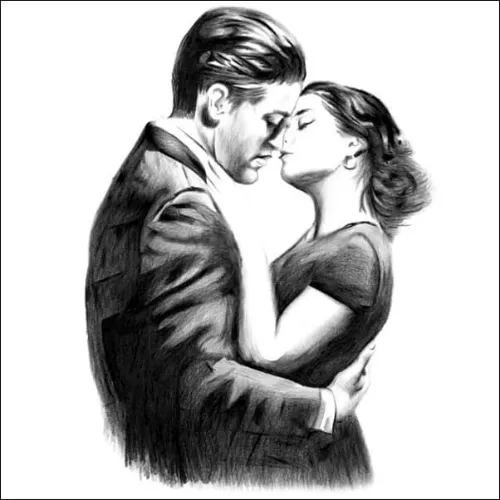 Romantic pencil portrait of a couple embracing with foreheads touching, eyes closed, capturing a quiet, intimate moment together.