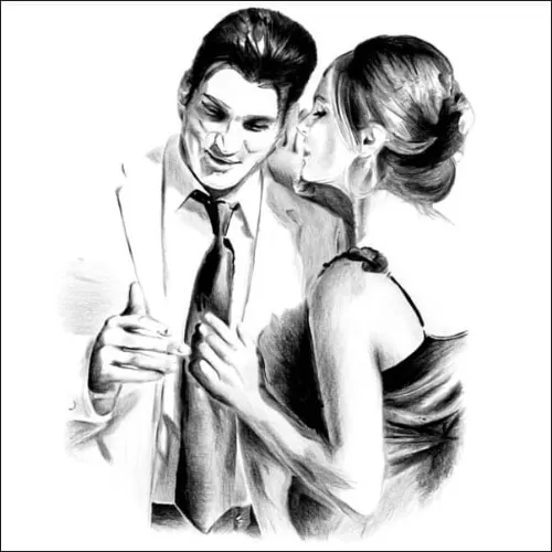 Pencil portrait of an elegant couple holding wine glasses, standing close together and sharing a quiet, affectionate moment.