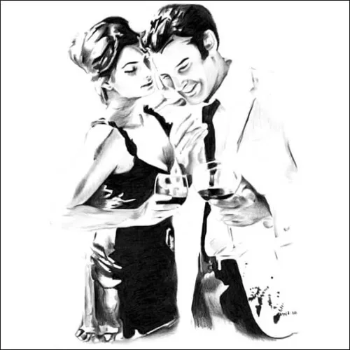 Romantic pencil portrait of a smiling couple standing close together, holding drinks and sharing a warm, intimate moment.