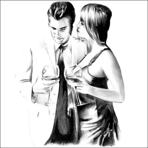 Lifelike pencil portrait of a couple holding wine glasses, standing close together and sharing a relaxed, intimate conversation.