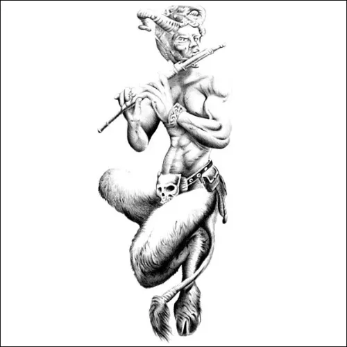 Detailed pencil drawing of a mythical faun playing a flute, showing muscular anatomy, horns and hooves in a dynamic pose.