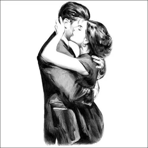 Romantic pencil portrait of a couple embracing and kissing, rendered in soft tones that highlight tenderness and intimacy.