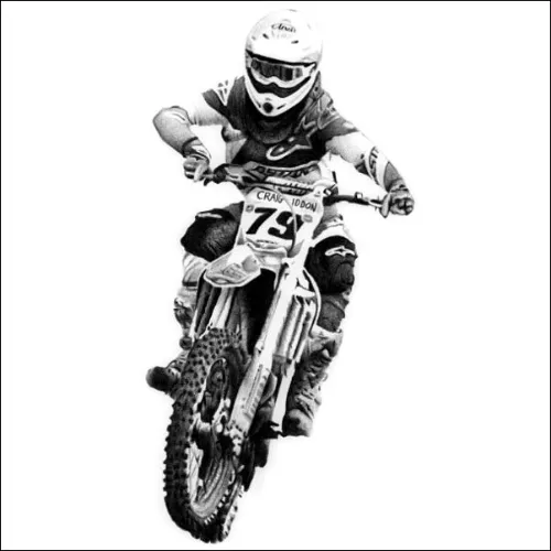 Drawing of a motocross rider leaning forward on a dirt bike, capturing speed, control and racing intensity.