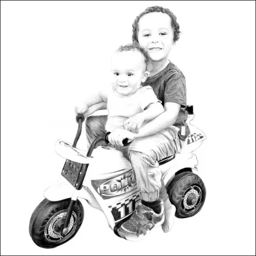 Pencil portrait of two young brothers smiling while sitting together on a toy motorbike, capturing a joyful childhood moment.