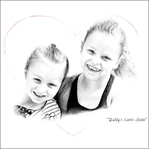 Pencil portrait of two smiling sisters framed by a heart, with soft shading and the handwritten words “Daddy’s Little Girls”.