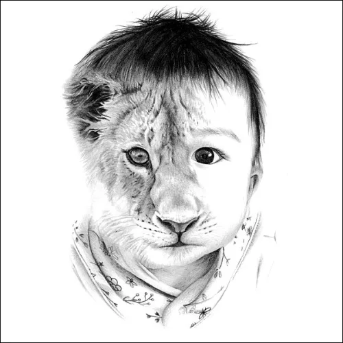 Creative pencil portrait blending half a child’s face with half a lion cub, aligned symmetrically to form a single, striking image.