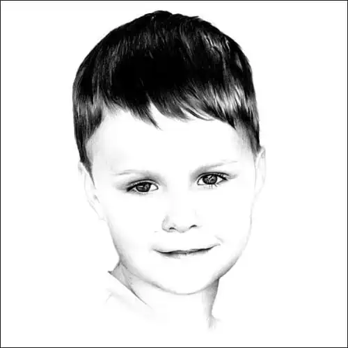 Realistic pencil portrait of a young boy with short dark hair and a gentle smile, softly shaded to capture natural expression.
