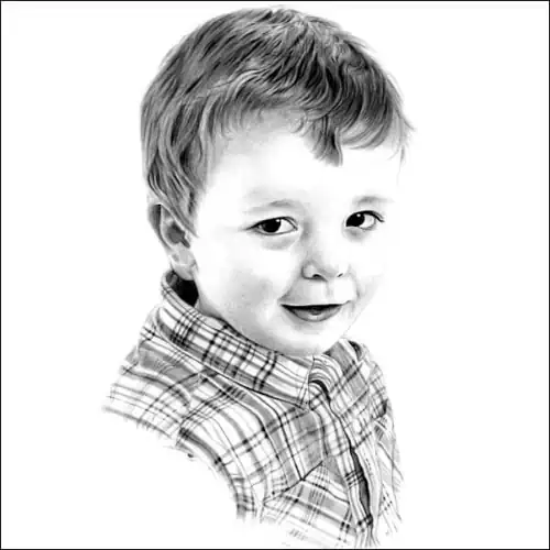 Lifelike pencil portrait of a young boy in a checked shirt, turned slightly and smiling, with soft shading and carefully drawn detail.